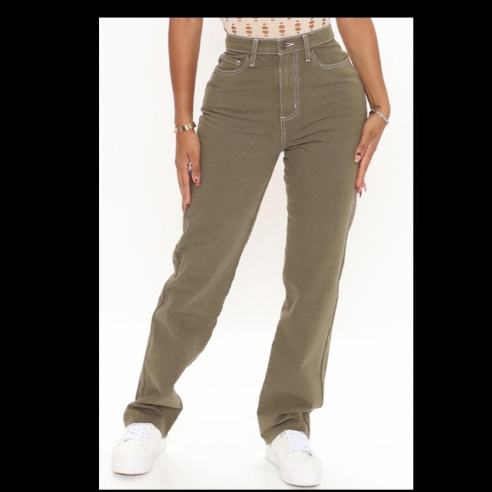 FASHION NOVA Olive green boyfriend jeans with white stitching